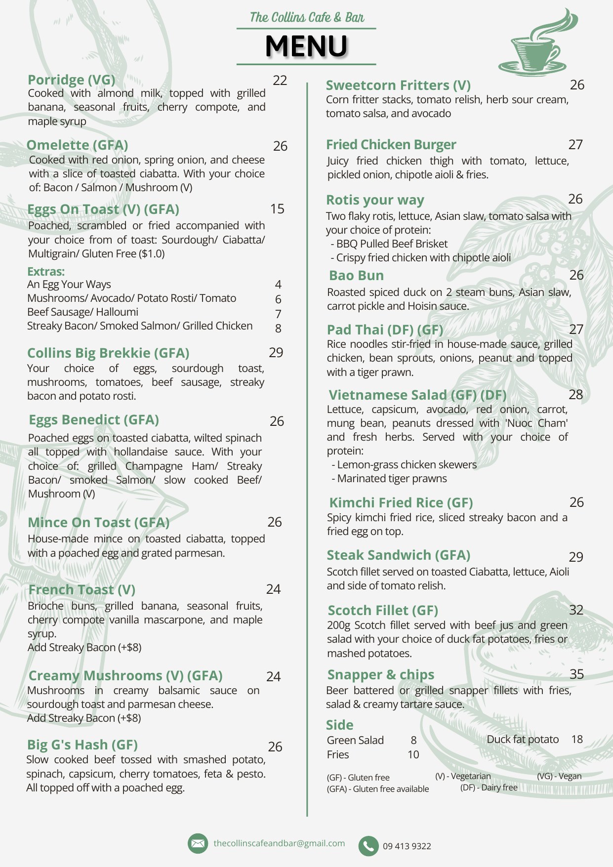 The Collins Cafe and Bar breakfast and lunch menu