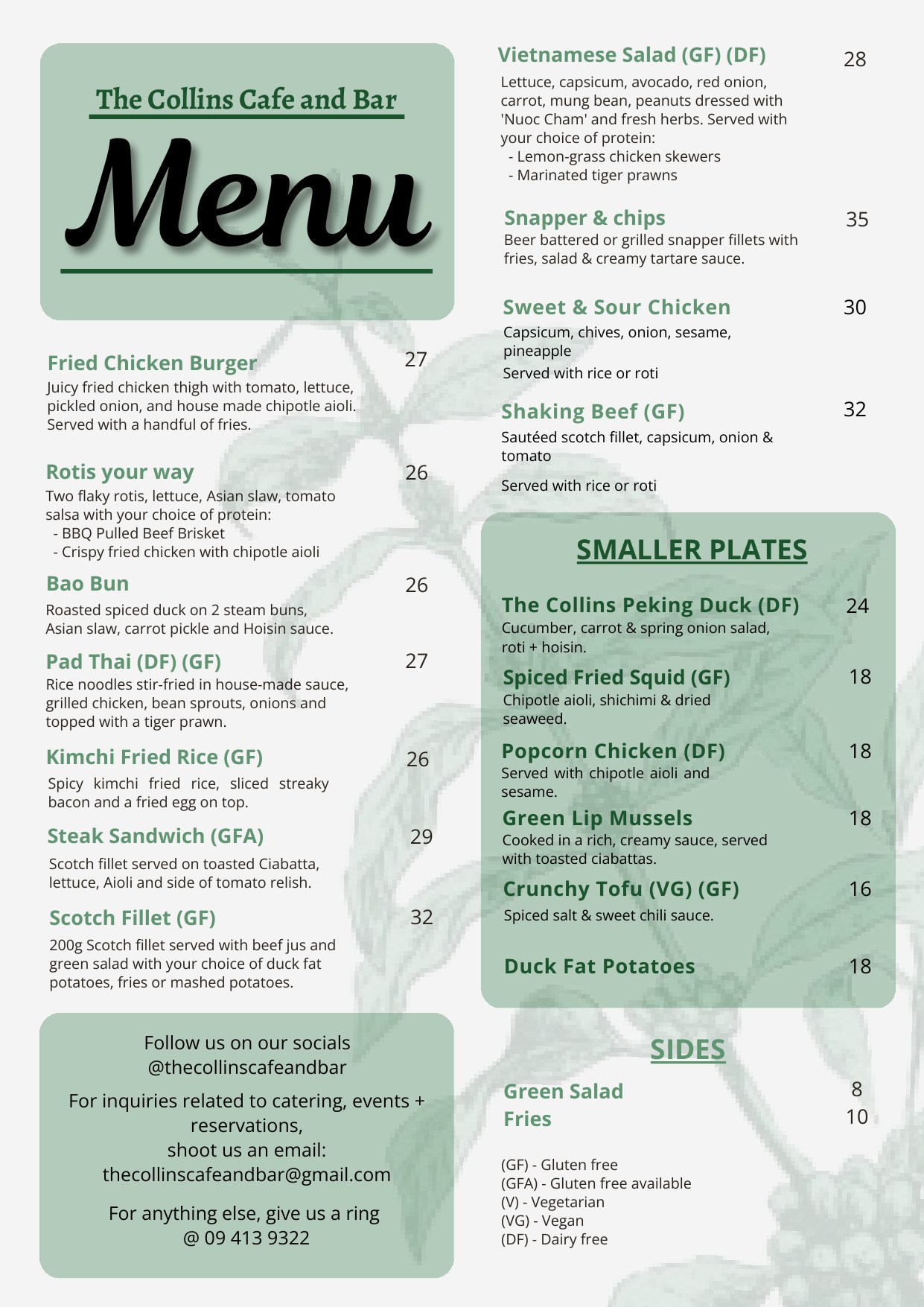 The Collins Cafe and Bar dinner menu