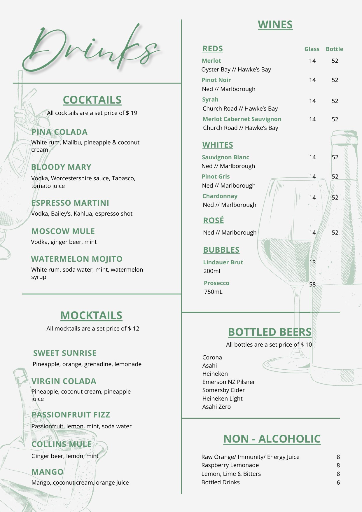 The Collins Cafe and Bar bar list — beer, wine and cocktails