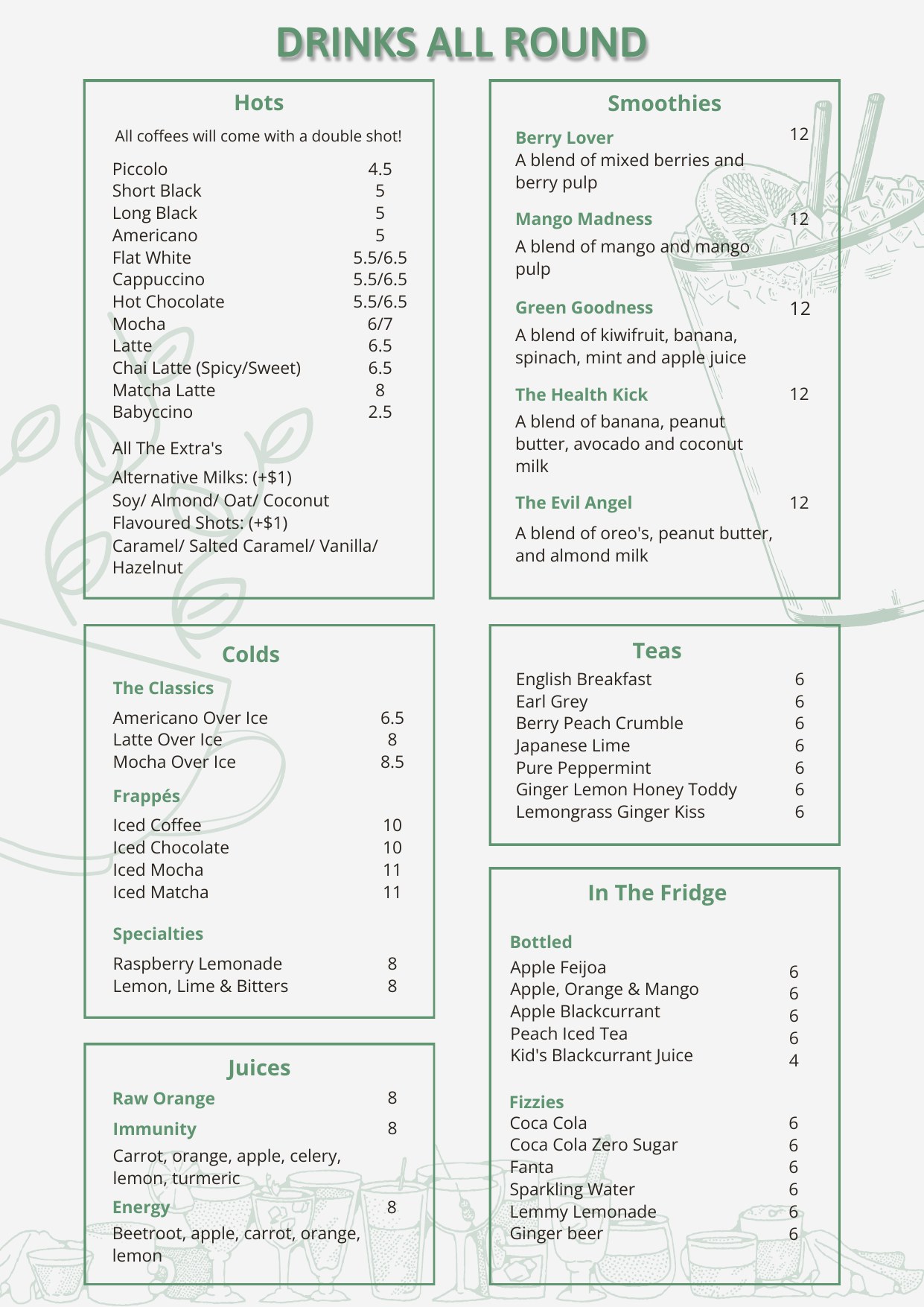 The Collins Cafe and Bar drinks menu — coffee, smoothies, juices and teas